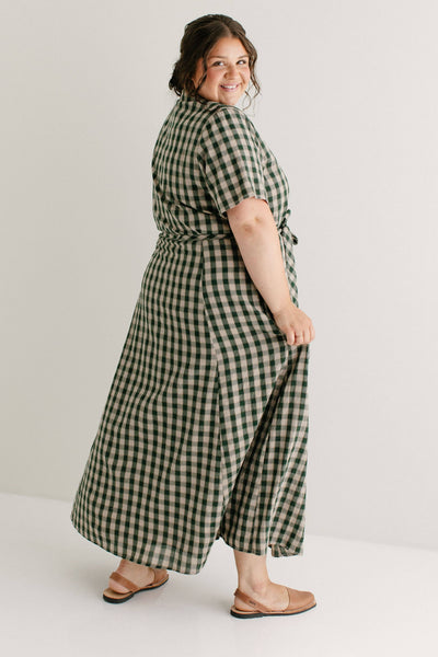 'Mae' Green Gingham A-Line Cotton Shirtdress