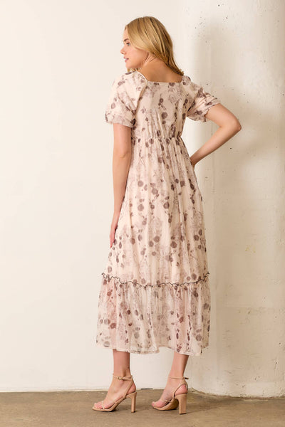 PRINTED FLORAL WOVEN BUBBLE SLEEVE DRESS