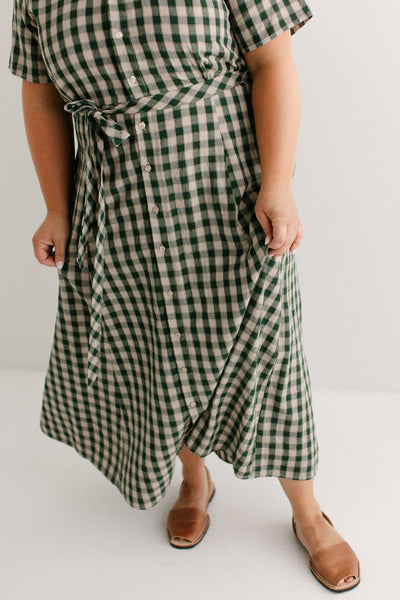 'Mae' Green Gingham A-Line Cotton Shirtdress
