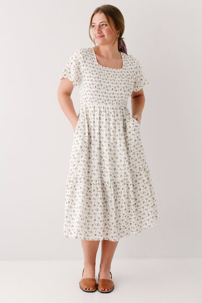 'Lynette' Smocked Bodice Floral Midi Dress