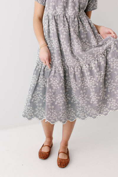 'Georgia' Embroidered Floral Gingham Midi Dress