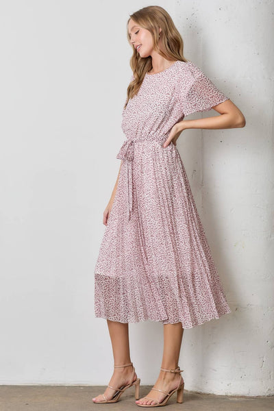 PLEATED MAXI DRESS WITH SELF TIE AT WAIST