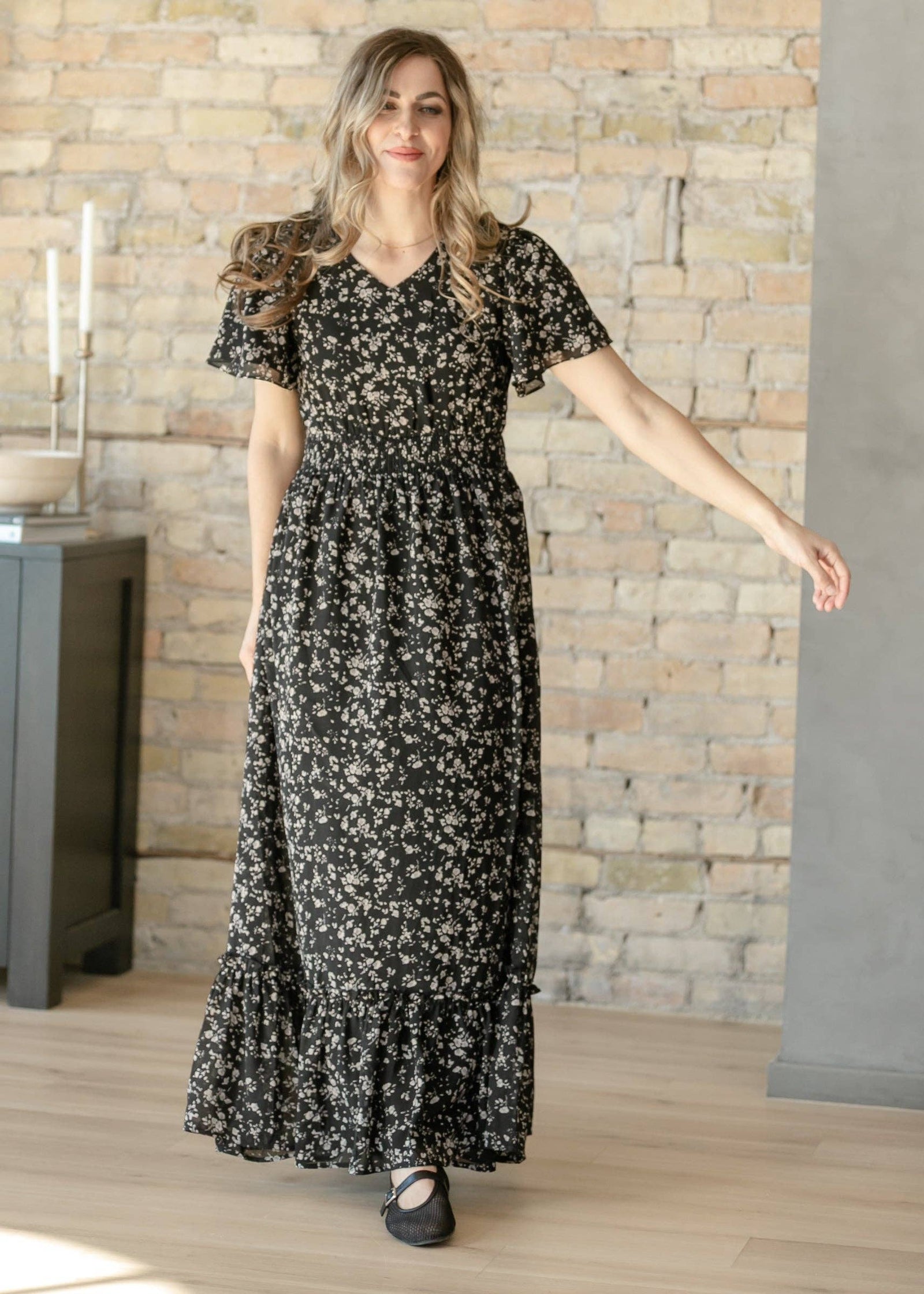 Isabella Black Floral Flutter Sleeve Maxi Dress