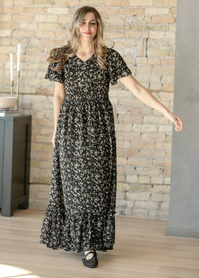Isabella Black Floral Flutter Sleeve Maxi Dress