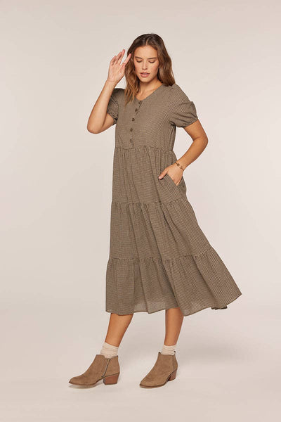 Half Button Gingham Tiered Dress