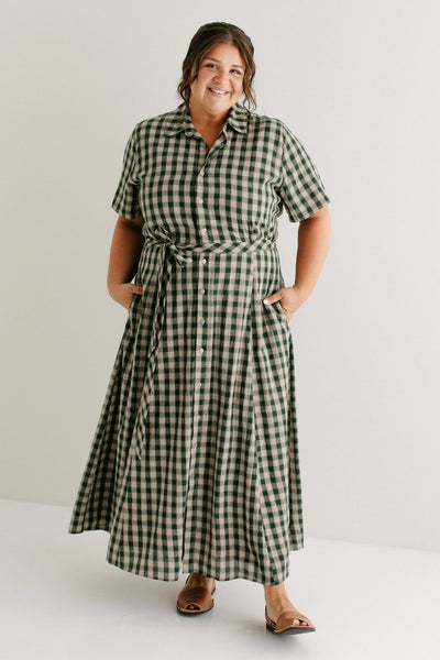 'Mae' Green Gingham A-Line Cotton Shirtdress