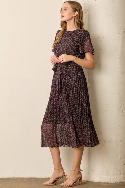 PRINTED FLORAL WAIST TIE MIDI DRESS