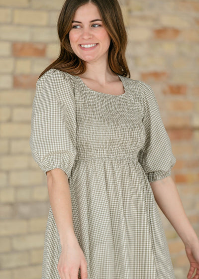 Kayleen Olive Gingham Smocked Bodice Maxi Dress