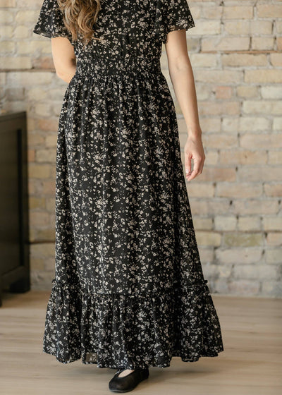 Isabella Black Floral Flutter Sleeve Maxi Dress