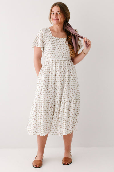 'Lynette' Smocked Bodice Floral Midi Dress
