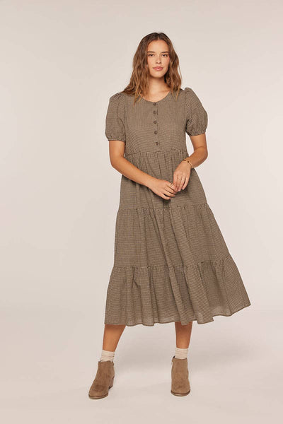Half Button Gingham Tiered Dress