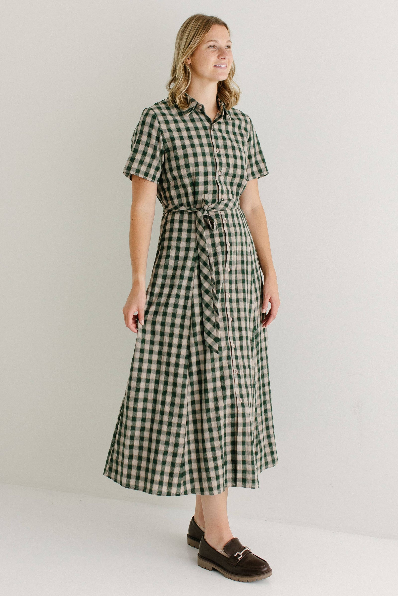 'Mae' Green Gingham A-Line Cotton Shirtdress