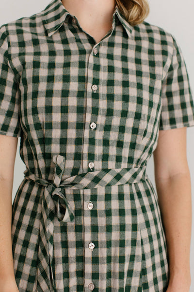 'Mae' Green Gingham A-Line Cotton Shirtdress