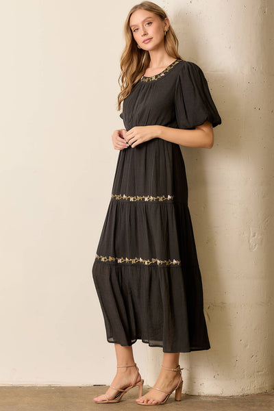 PRINTED FLORAL ROUND NECK MAXI DRESS