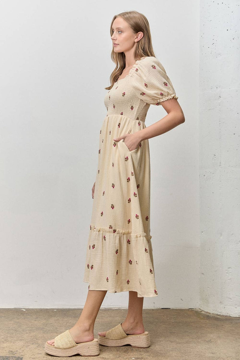 FLORAL EMBROIDERED SQUARE NECK MIDI DRESS