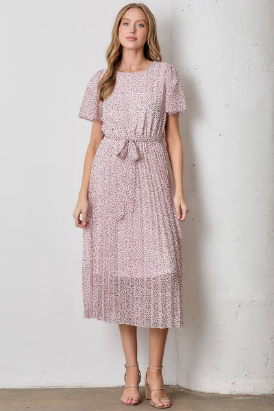 PLEATED MAXI DRESS WITH SELF TIE AT WAIST