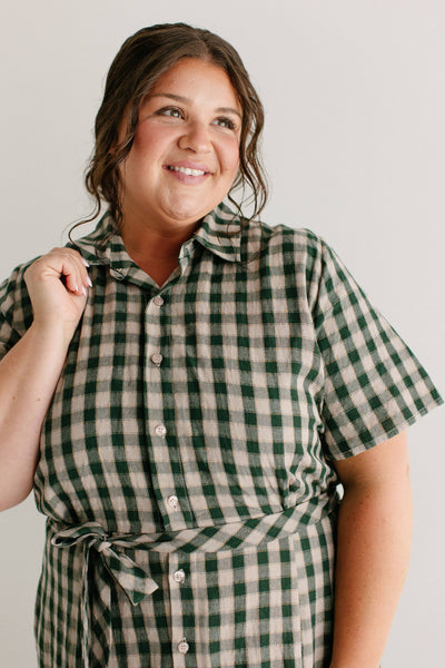 'Mae' Green Gingham A-Line Cotton Shirtdress