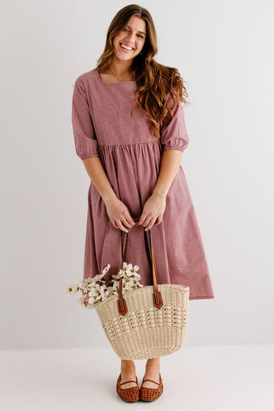 'Beth' Square Neck Gingham Midi Dress