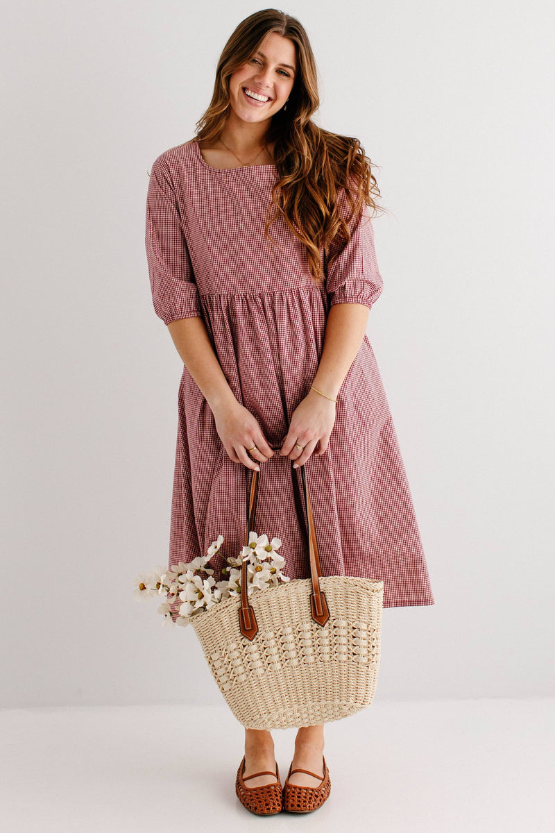 'Beth' Square Neck Gingham Midi Dress