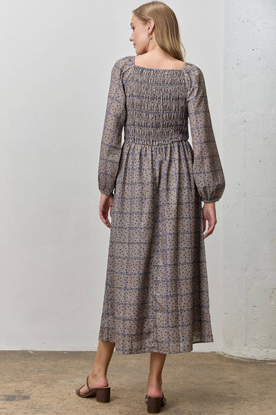DITSY PLAID SMOCKED MIDI DRESS