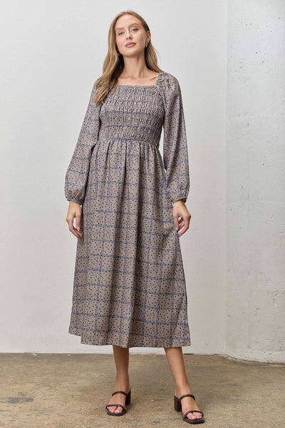 DITSY PLAID SMOCKED MIDI DRESS