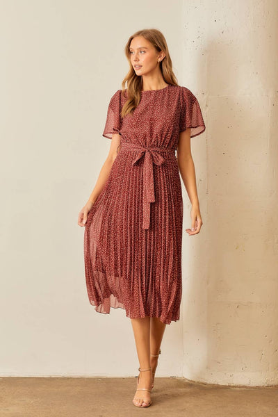 PLEATED MAXI DRESS WITH SELF TIE AT WAIST