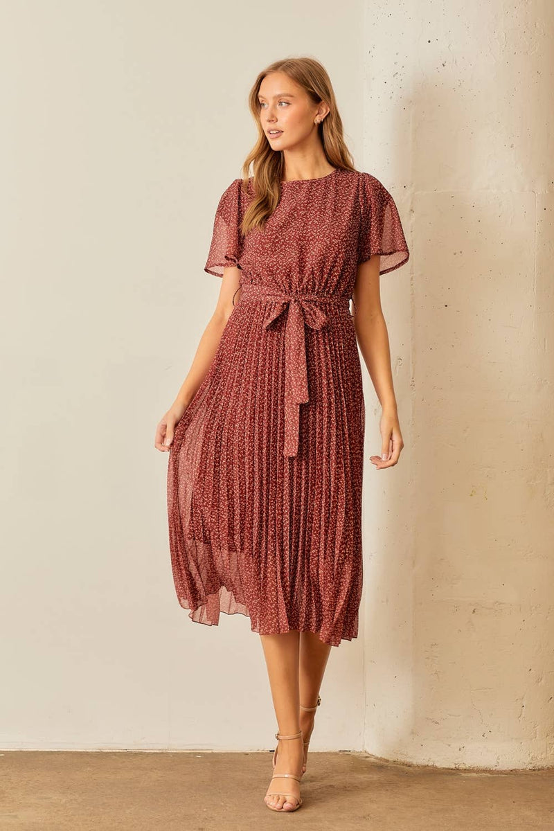 PLEATED MAXI DRESS WITH SELF TIE AT WAIST