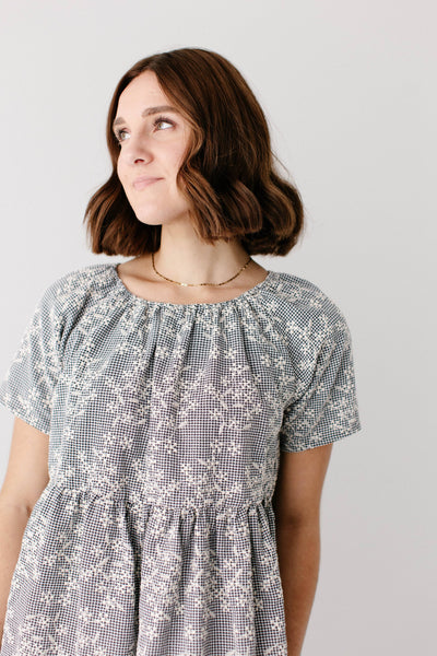 'Georgia' Embroidered Floral Gingham Midi Dress