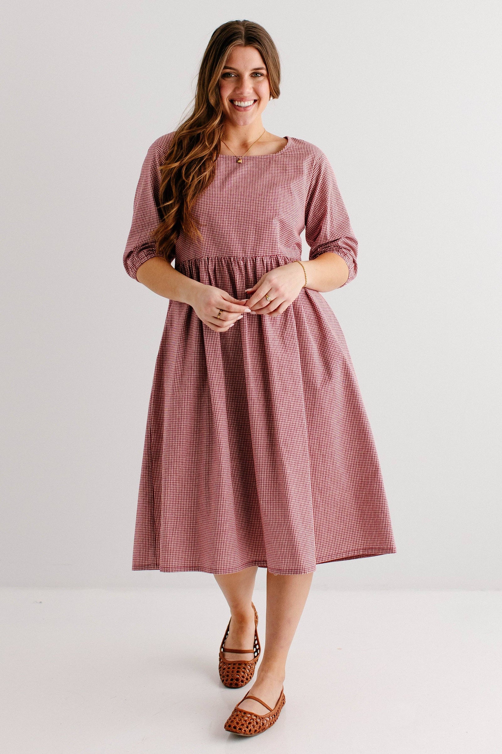 'Beth' Square Neck Gingham Midi Dress